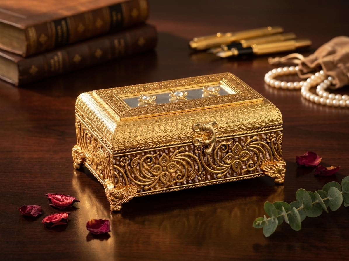 Golden Brass-Plated Decorative Dry Fruit Box and Jewellery Organiser, Antique Carved, 2 Compartments