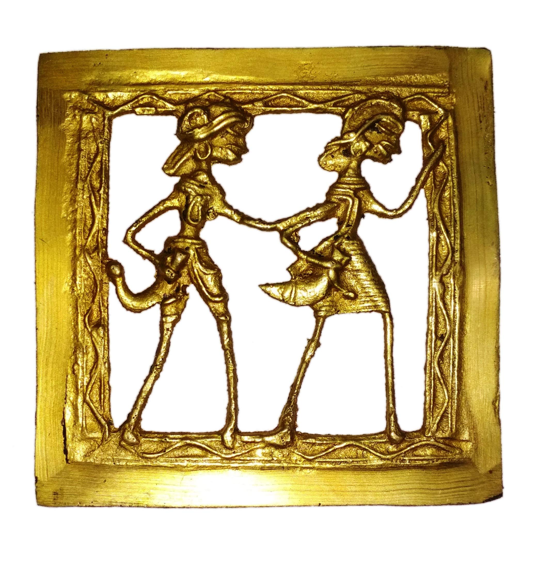 Purpledip Brass Wall Hanging Plaque 'Life Partners': Dokra Craft Tribal Artform Square Plate Statue, 4 inches (11435)