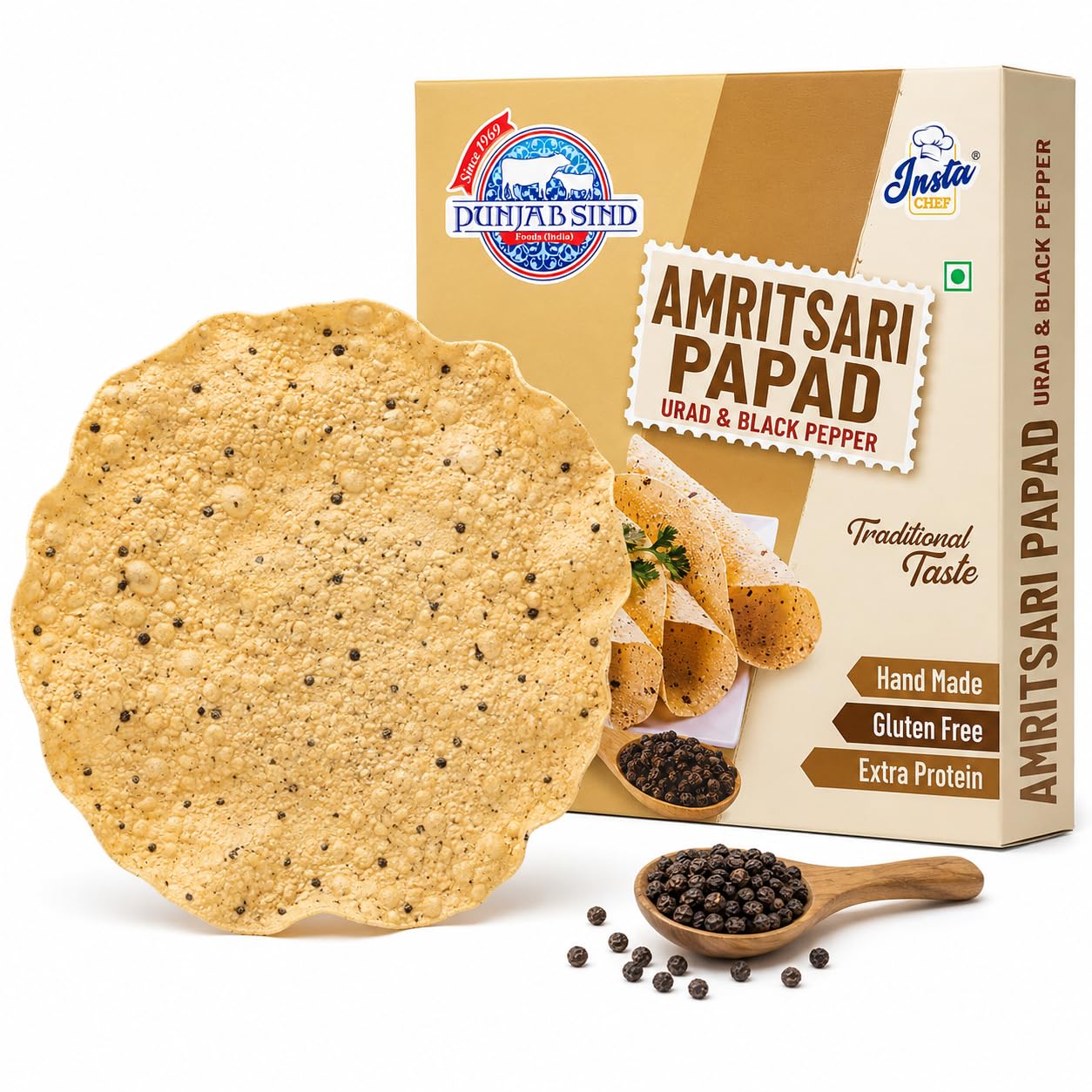 Punjab Sind Amritsari Papad, Urad & Black Pepper, Hand Made, Gluten Free, Extra Protein, Traditional Taste