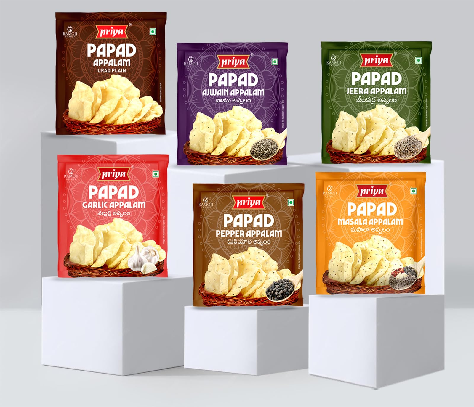 Priya Papad Combo -Urad Dal Papad 100g Ajwain Appalam/Papad 100g Jeera Appalam/Papad 100g Garlic Appalam/Papad 100g