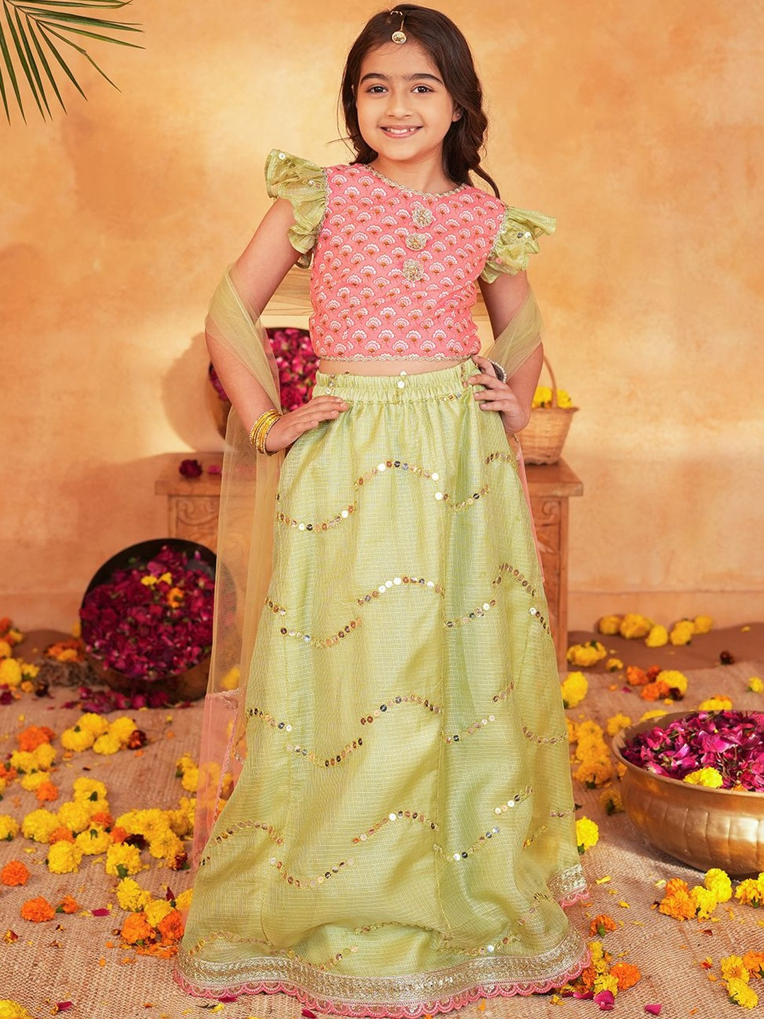 Pspeaches Girls Pink And Pista Cotton Lehenga Choli Dupatta Set