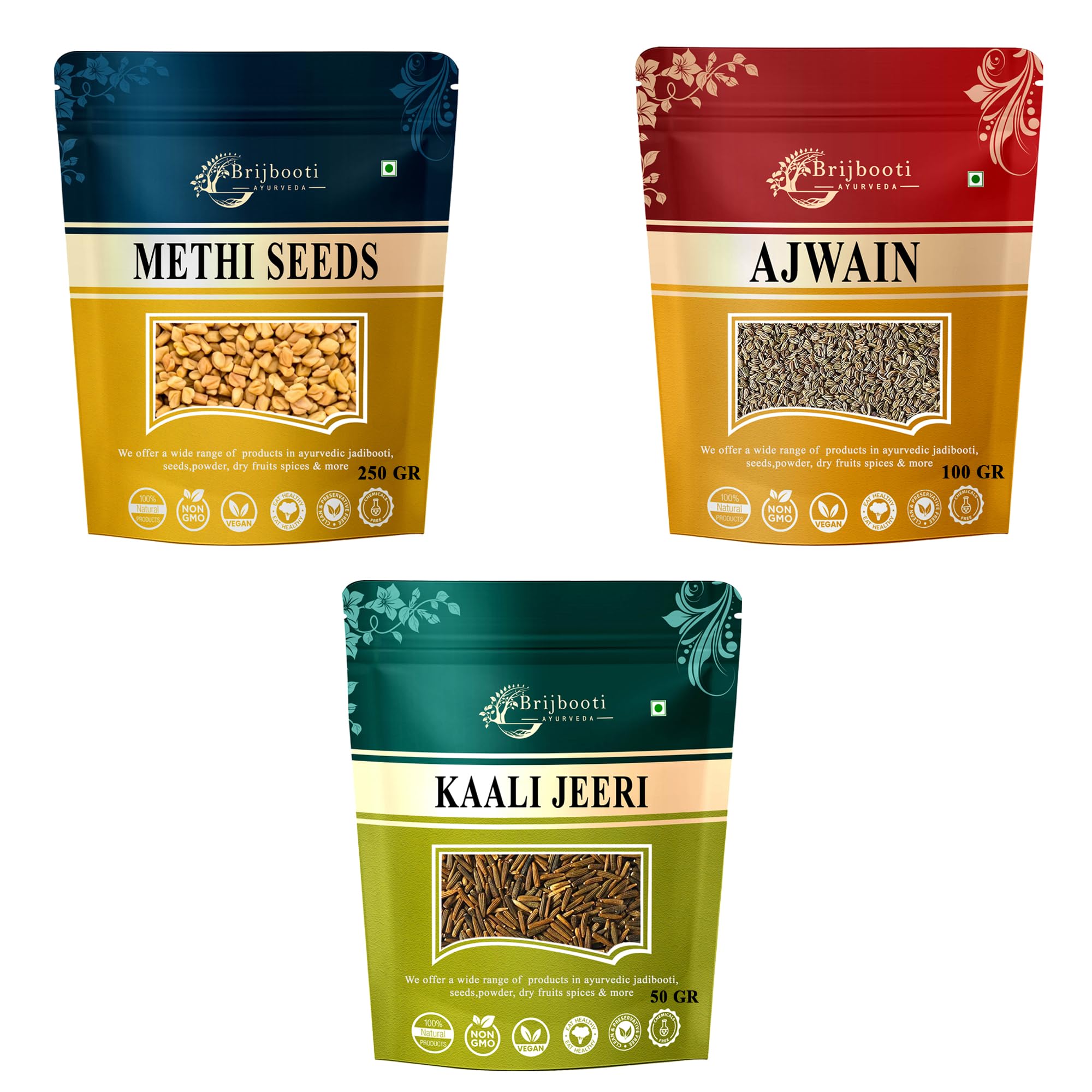 Birju Mahavir Combo Pack of Methi - Ajwain - kali Jeeri 400 Gr