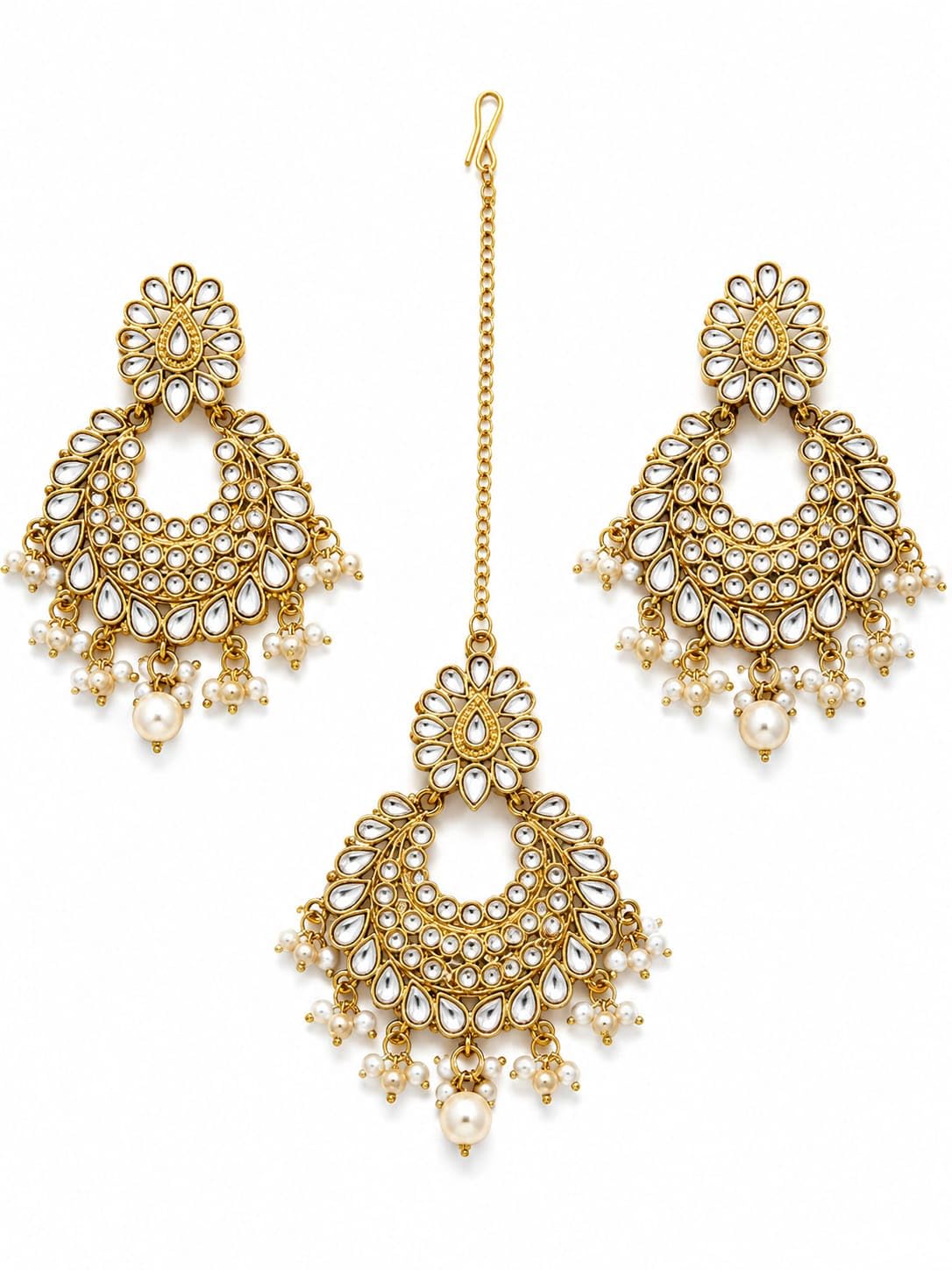 Gold Plated Kundan Chandbali Earrings with Maang Tikka Set