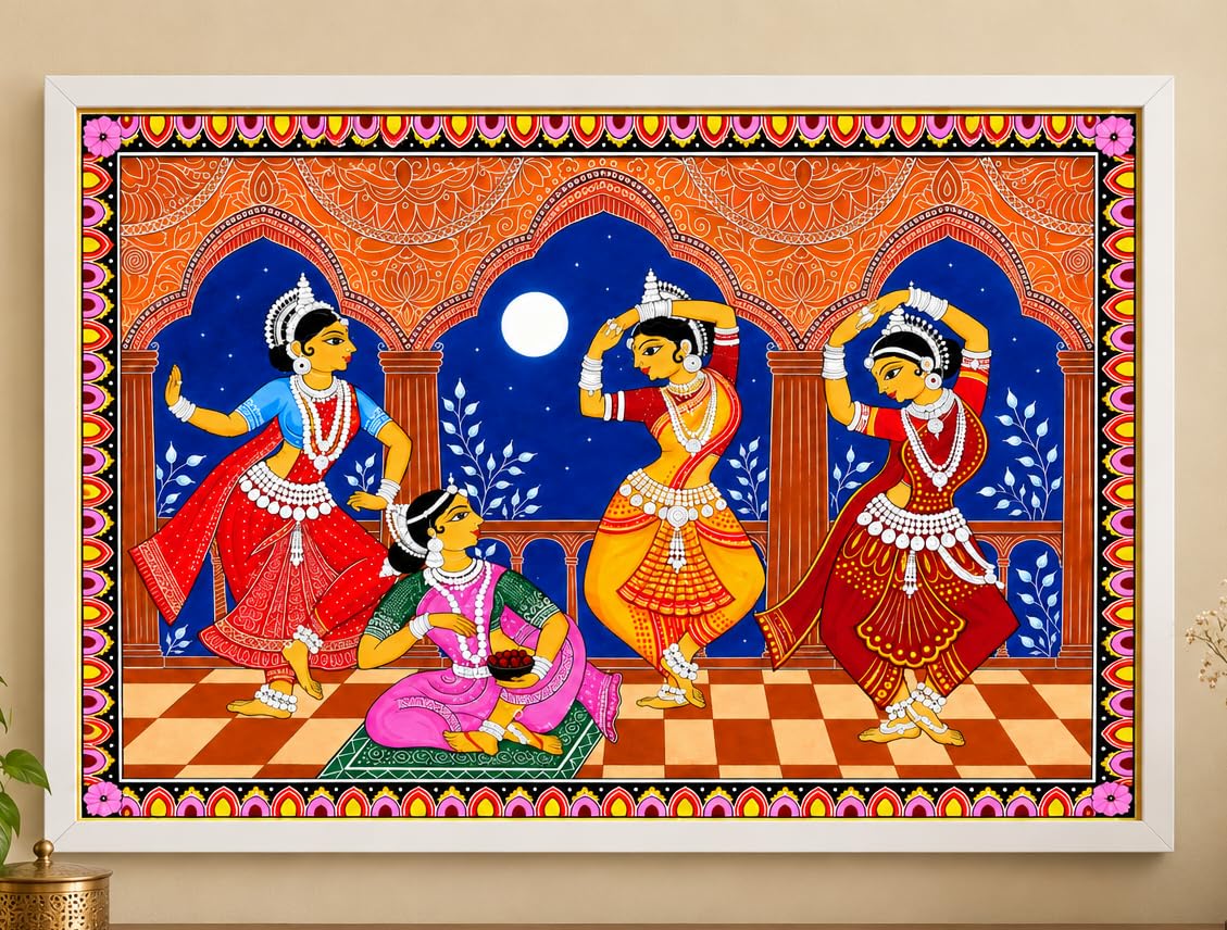 Indian Classical Odissi Dancers Framed Wall Art, Traditional Pattachitra Painting,A4 Size,Ready to Hang
