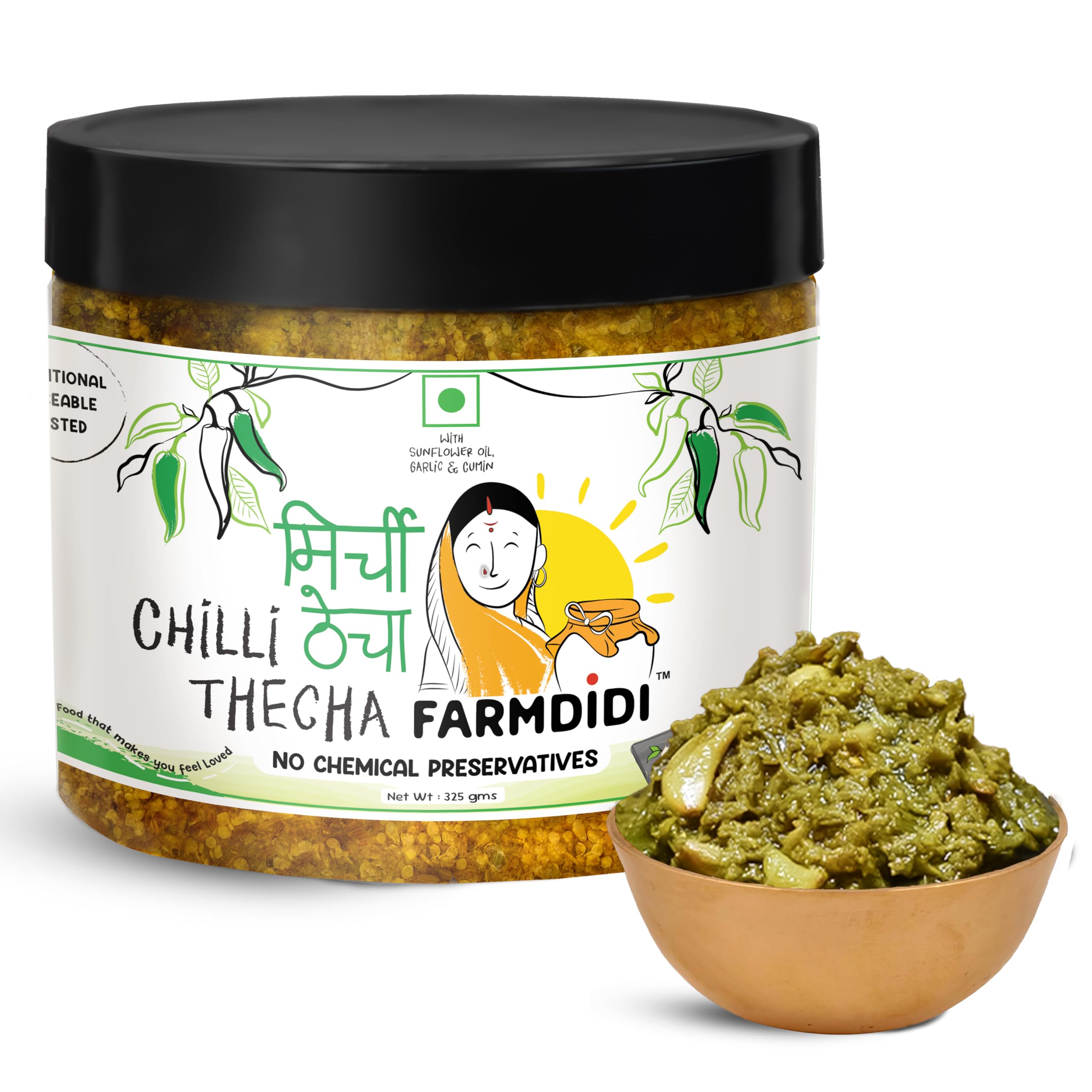 FarmDidi Spicy Green Chilli Thecha 325g In Fresh Homemade Sun-Dried Hari Mirch Ka Thecha Made With Sunflower Oil Ghar Ka