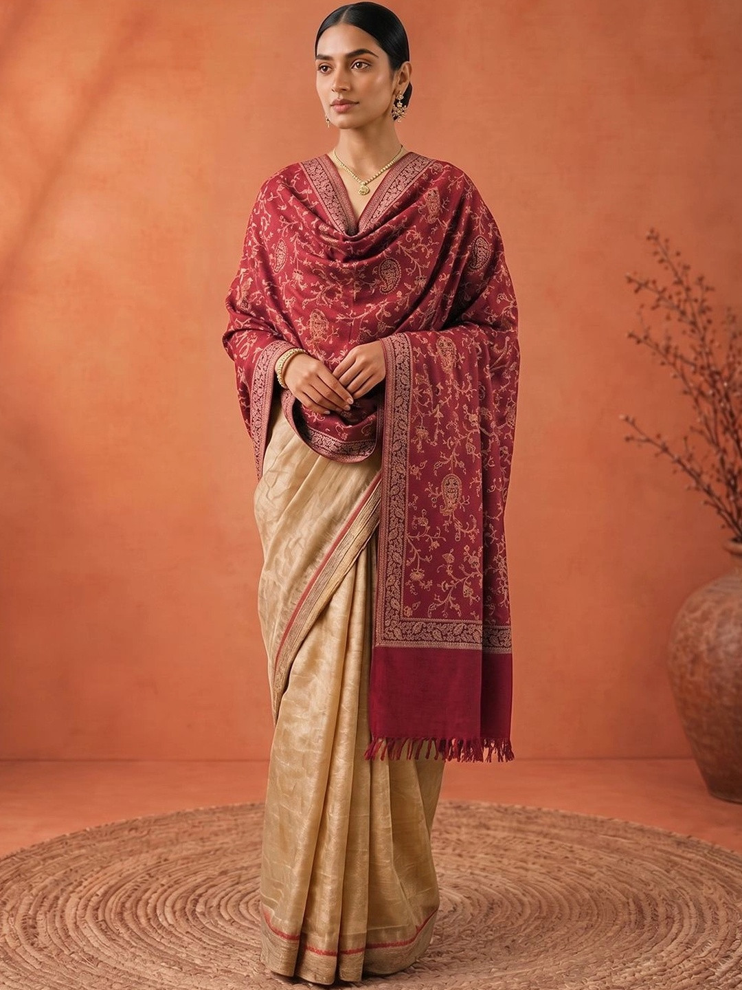 SOURAGYA Women Ethnic Motifs Maroon Paisley Woven Design Winter Pashmina Shawl