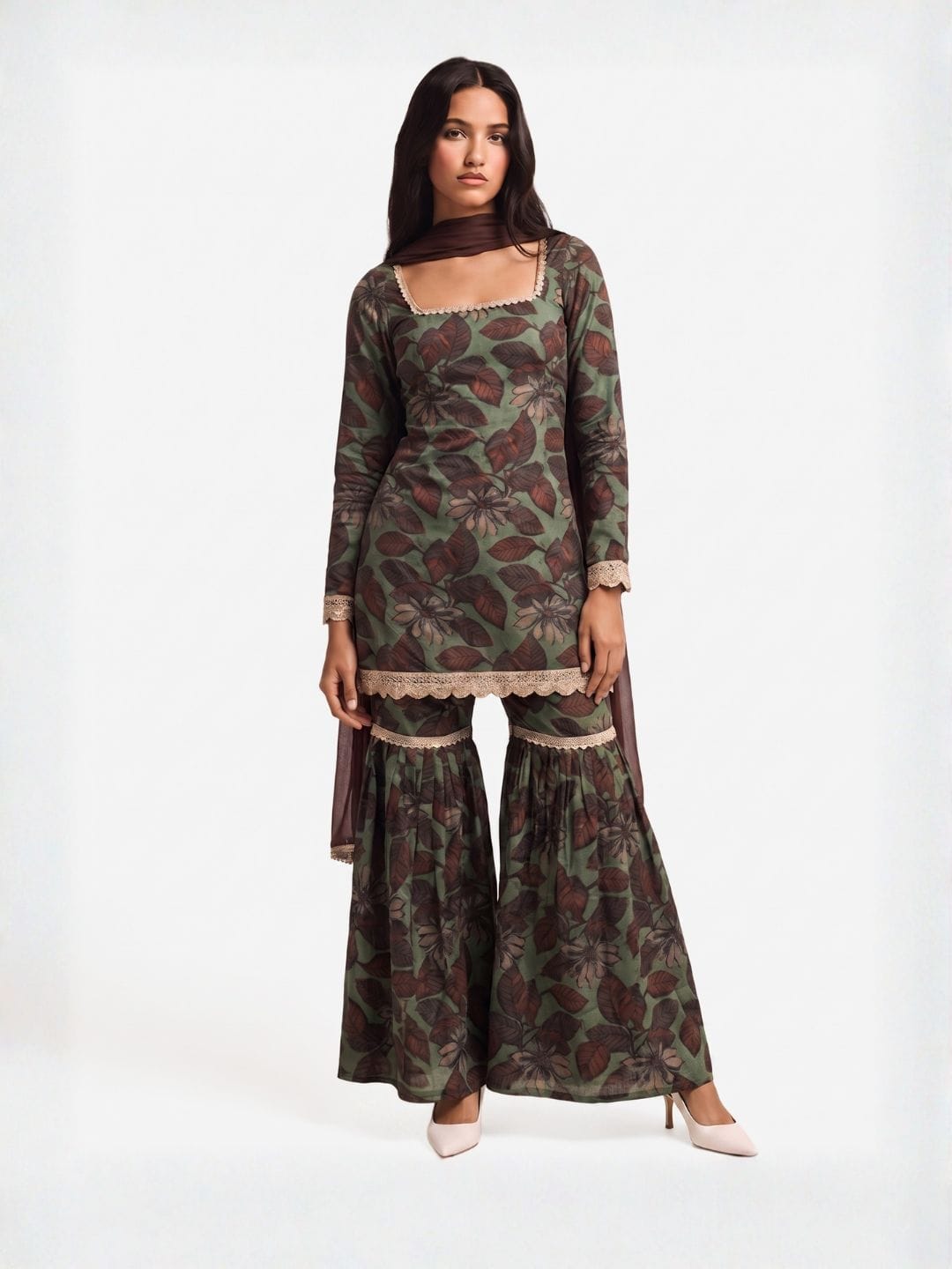 Meherzeen Sleeved Corset Kurti Sharara Set