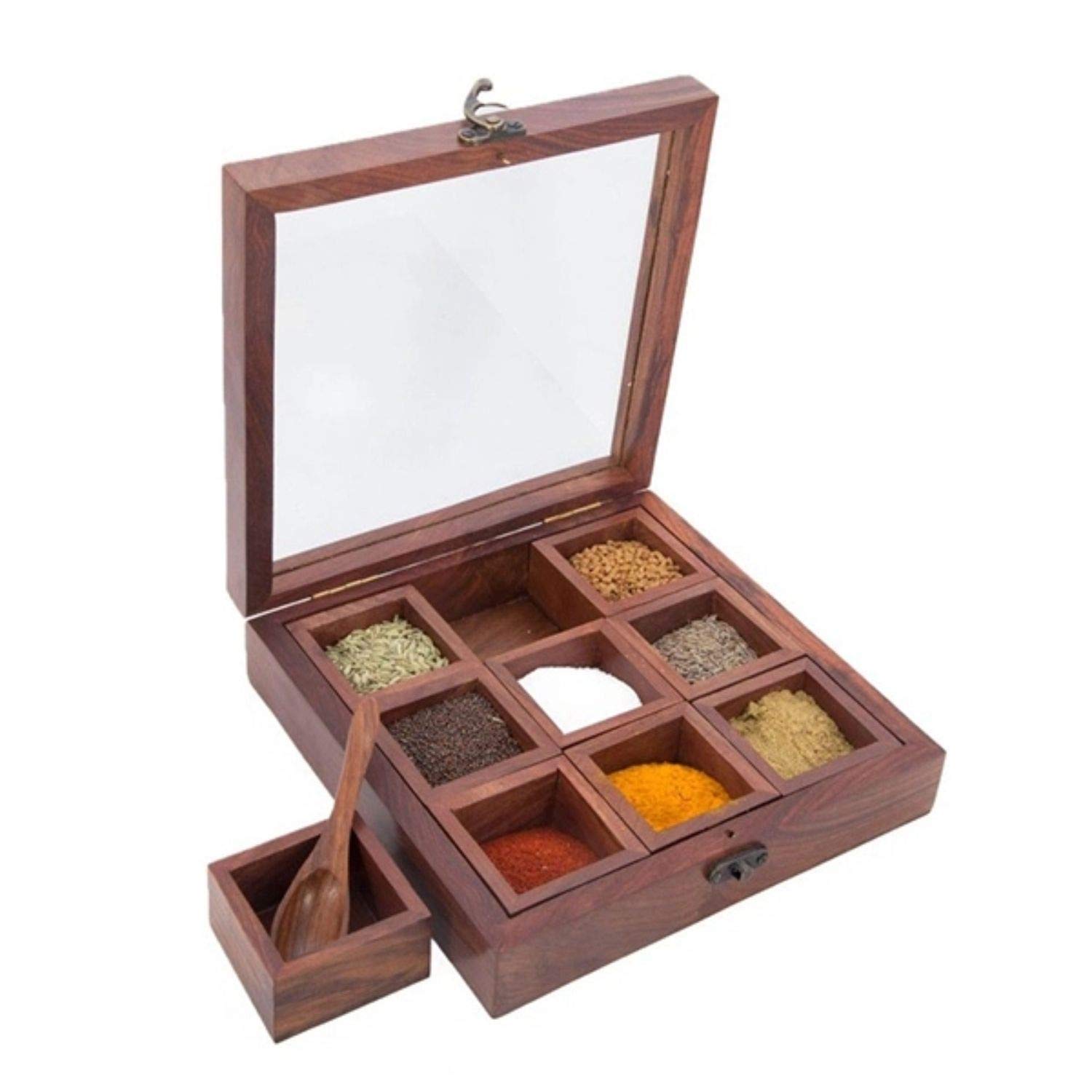 India Meets India Wooden Masala Dabba Spice Box Containers Jars With Spoon by Awarded Indian Artisan (L-8xW-8xH-2 Inch