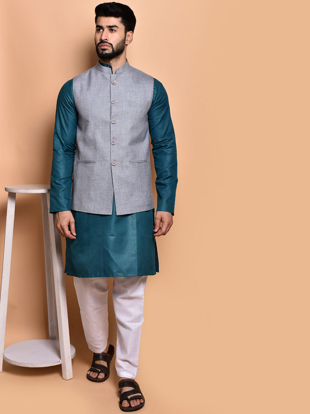 PRINTINDIA Mandarin Collar Pure Cotton Straight Kurta With Trousers & Nehru jacket