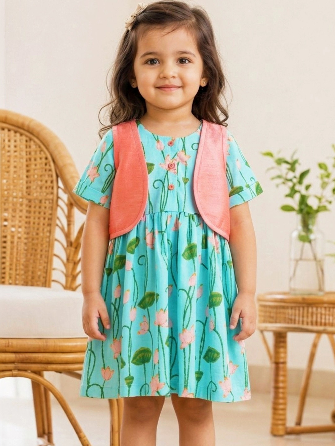 Campana Girls Printed Pure Cotton Round Neck Fit & Flare Knee Length Dress