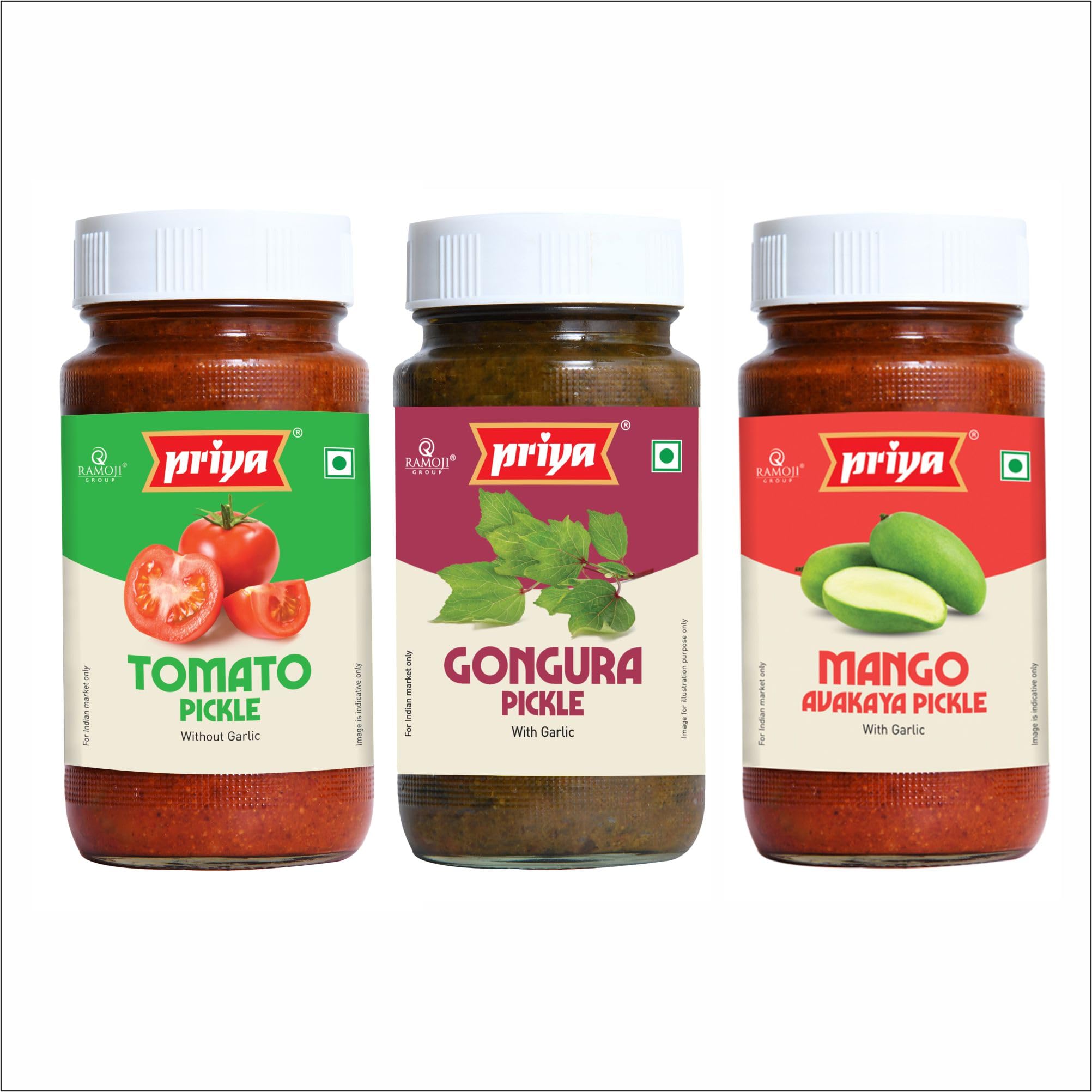 Priya Pickles Combo of 3 Pickle With Garlic Total 900gm I Tomato,Gongura,Mango avakaya I Authentic Telugu Style Achar