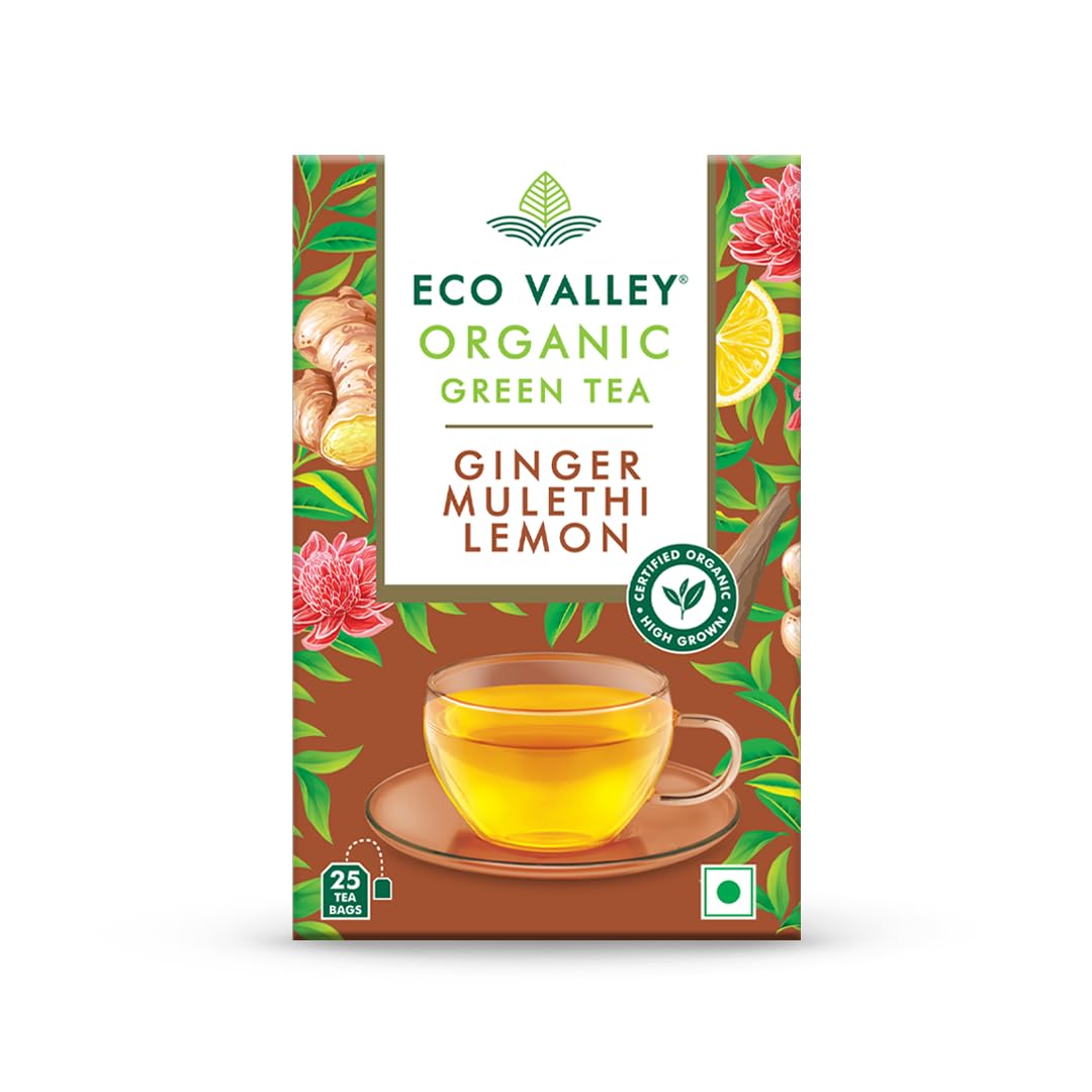 Eco Valley Organic Green Tea - Ginger Mulethi Lemon - 25 Tea Bags