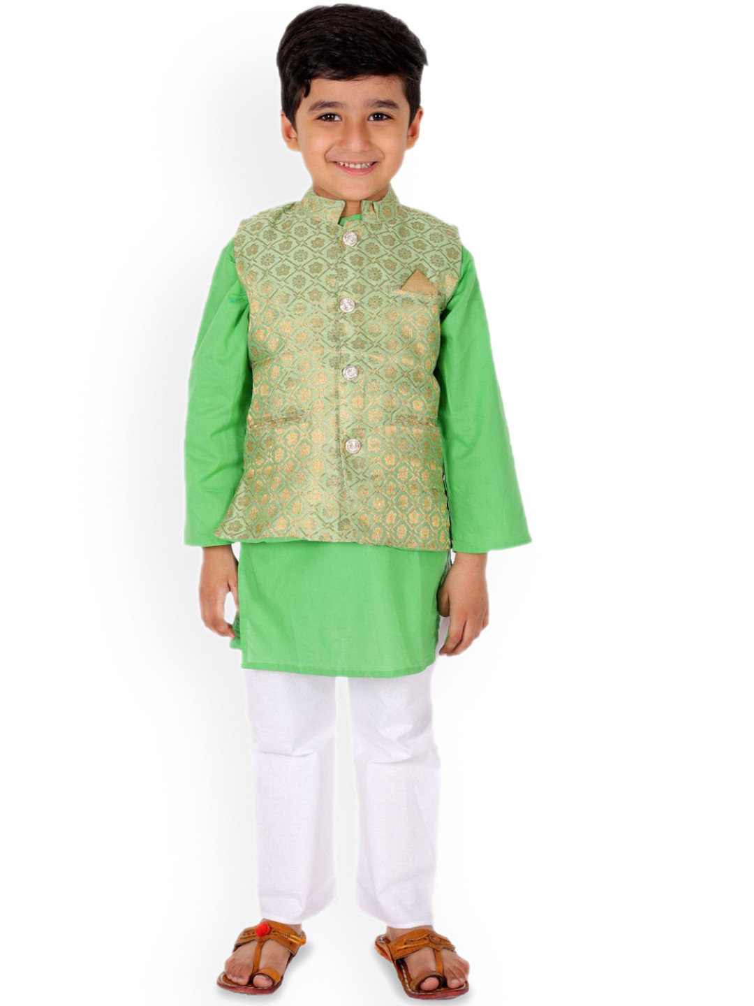 Superminis Boys Mandarin Collar Pure Cotton Straight Kurta With Pyjama & Nehru Jacket