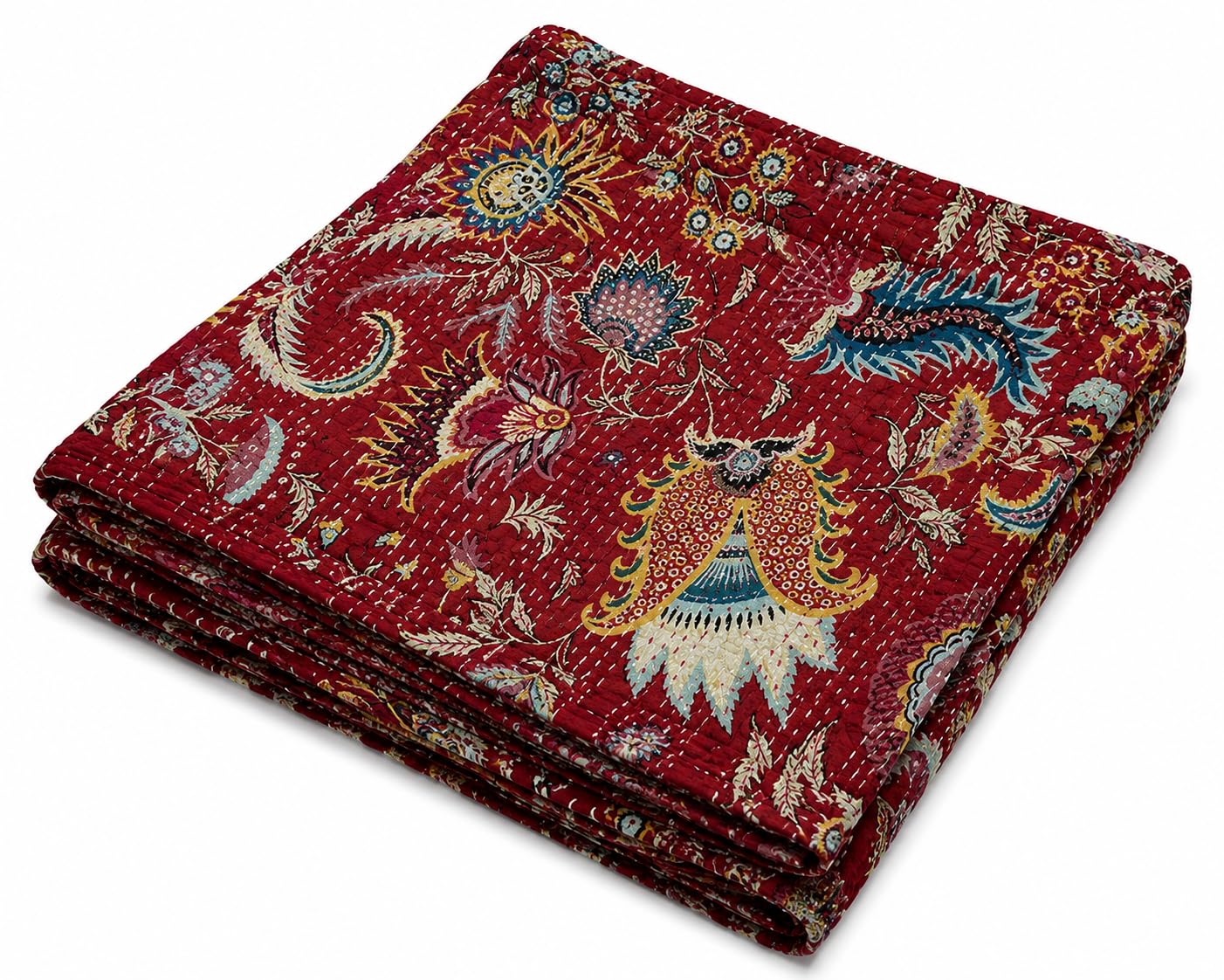 Burgundy Kantha Quilt Bedspread – Handmade Reversible Cotton Quilt with Vintage Floral Folk Art Print