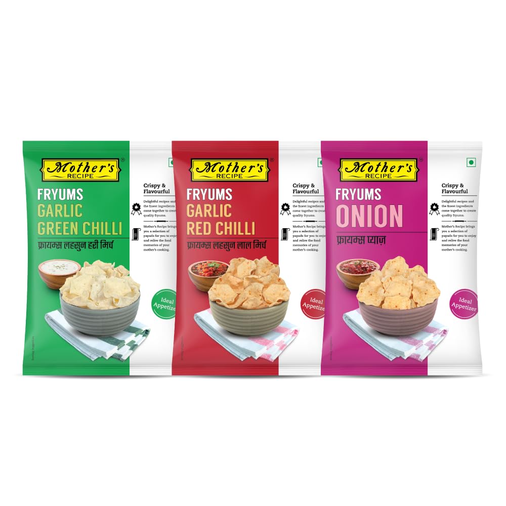 Mothers Recipe Fryums Papad Garlic Green Chilli X 2 Onion X 2 Garlic Red Chilli X2 Combo of 6