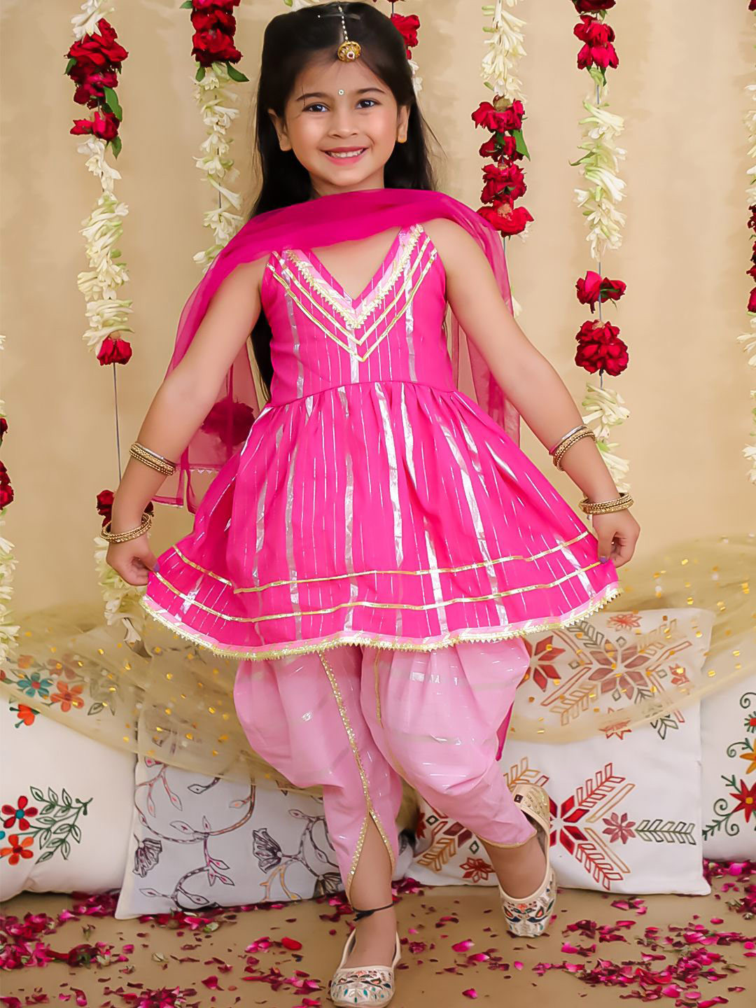 BownBee Girls Striped V-Neck Gotta Patti Pure Cotton Kurta With Dhoti Pants & Dupatta