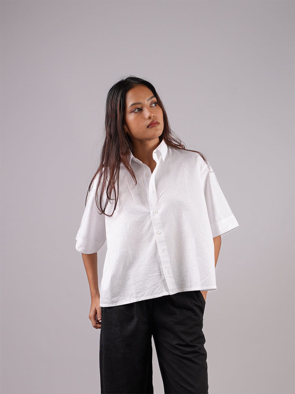 Oversized White Linen Crop Shirt