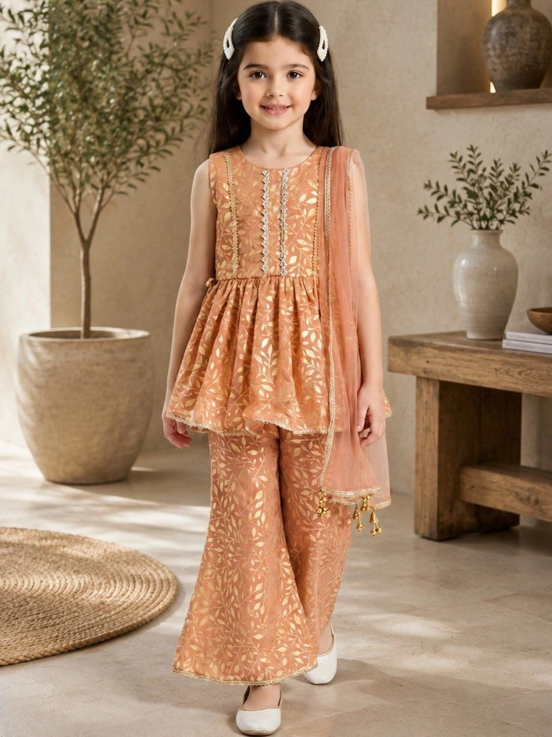 BAESD Girls Ethnic Motifs Printed Empire Kurta with Sharara & With Dupatta