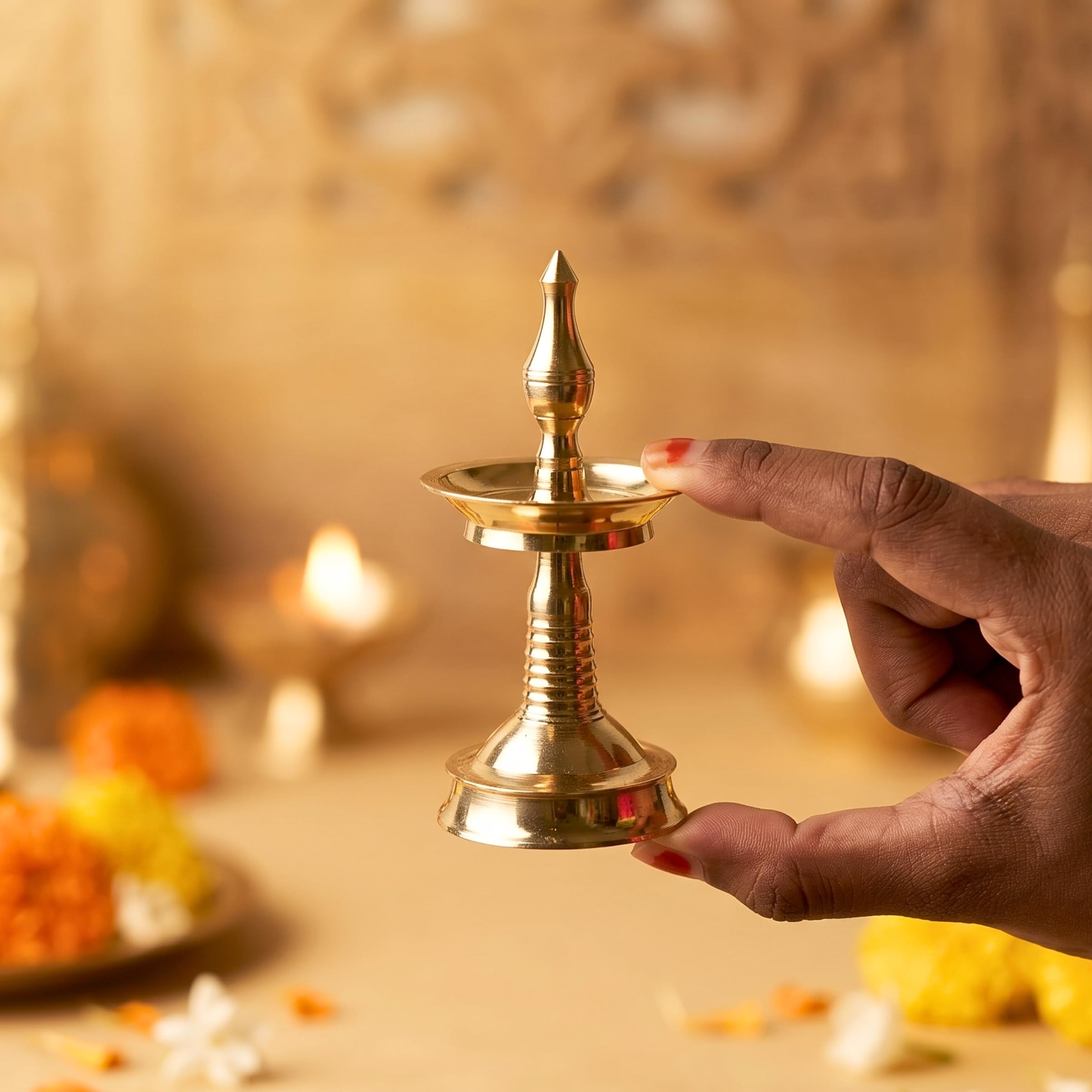 Anciently Mini Traditional Kerala Kuthu Vilakku (Model 1) - Pure Brass Nilavilakku Oil Lamp