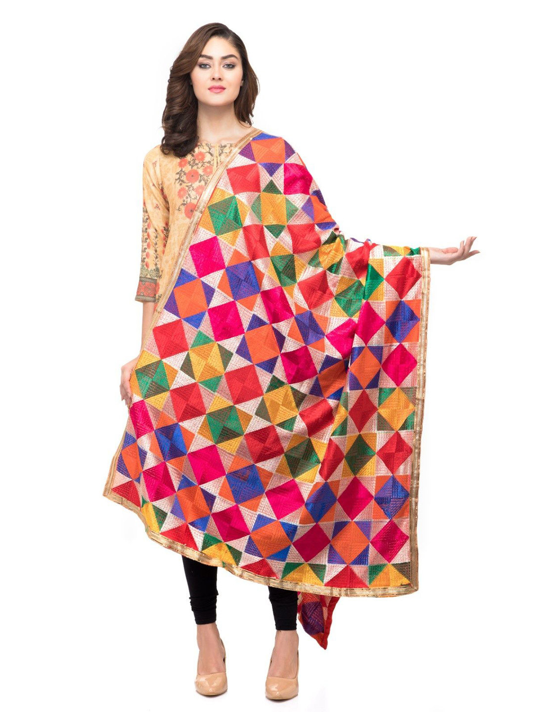 A R SILK DUPATTA HUB Embroidered Dupatta with Phulkari