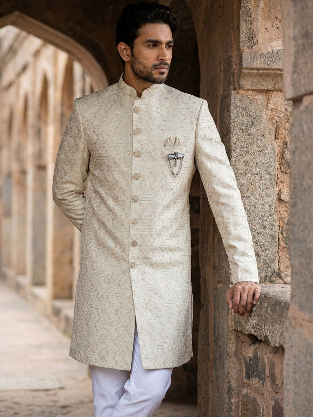 Jompers Embroidered Mandarin Collar Sherwani