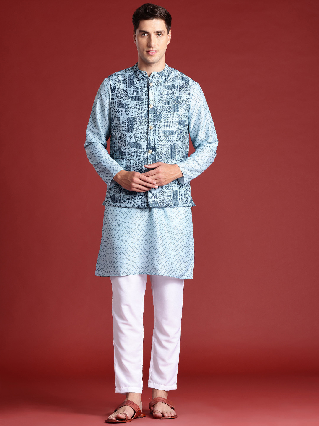 Anouk Men Printed Regular Kurta with Pyjamas And Nehru jacket