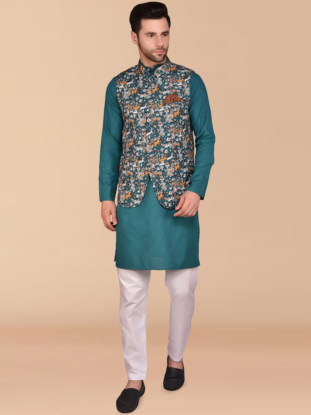 PRINTINDIA Mandarin Collar Pure Cotton Straight Kurta with Trousers & Nehru Jacket