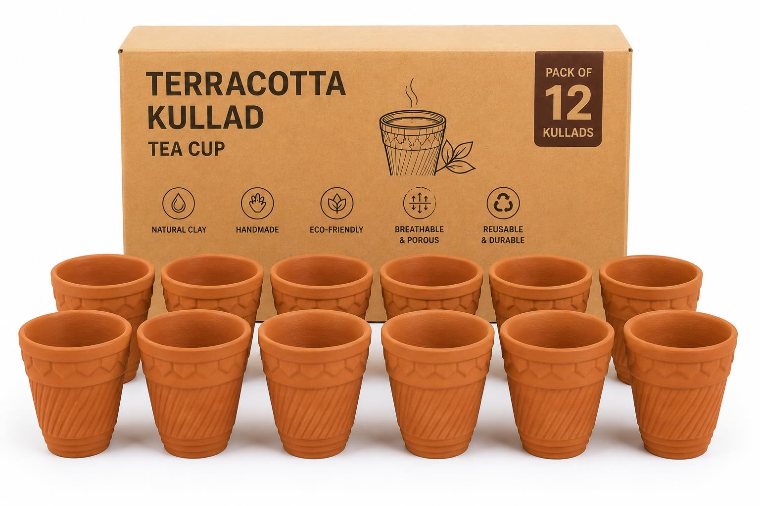 Handmade Terracotta Clay Kulhad Cups 100ml Set of 12 Eco Friendly Reusable Mitti Cups for Tea Coffee Water Traditional